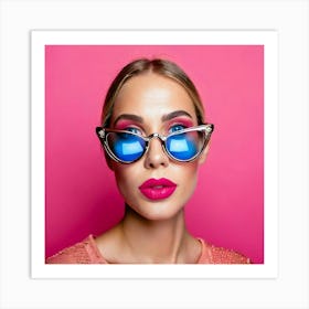 Firefly Blue Eyes, Fashion, Pink Glasses, Pink Lips, Pink Background, Glass Lens, Stylish, Vibrant, (11) Art Print