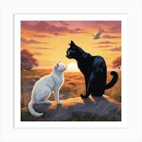 Black And White Cats At Sunset Art Print