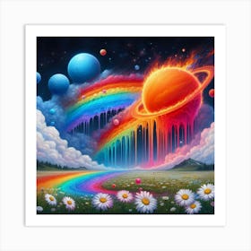 A Red Cloud, Blue Rainbow And Fiery Planets Melting Over A Field Of Daisies 2 Art Print