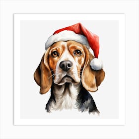 Beagle Christmas Hat Art Print