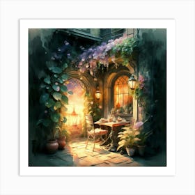 Quiet and attractive dining nook, overgrown flowers, high quality, detailed, highly 3D, elegant carved cart, 12 Art Print