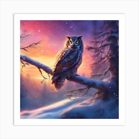 Resting Owl against a Red Sky in the Winter Forest Art Print