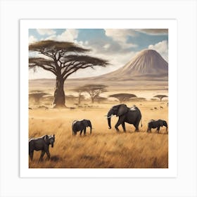 Elephants In The Savannah Art Print