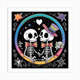 Skeleton Couple LBGTQ love whimsical minimalistic line art rainbow colors Art Print