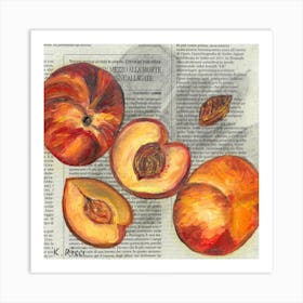 Peaches On Italian Newspaper Oil Painting Fruit Food Kitchen Still Life Art Print