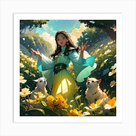 Illustration of girl in the field with two dogs Art Print