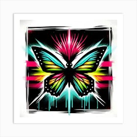 A Flashy Butterfly With A Neon Mohawk, Inspired By The Street Art Of Banksy, With A Bold Black And Neon Color Scheme, Where The Butterfly Is In Focus And The Background Is Blurred Into Neon Shapes, Framed With Abstract Brush Strokes (2) Art Print