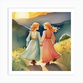 Two Girls Walking Down The Road Art Print