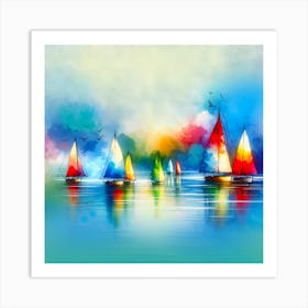 Sea Sailboats At Sunset Artwork Painting Square Art Print