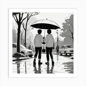 Two People Holding Umbrellas In The Rain Art Print