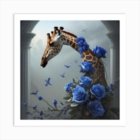 Blue Rose Giraffe Art Print