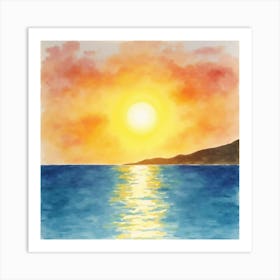 French Riviera Sunset In Watercolor With Golden Sky And Calm Blue Sea 1 Art Print