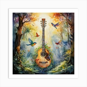 Watercolor Style Banjo Imbued With Magic Suspended In Midair Surrounded By The Dense Whimsy Of An Art Print