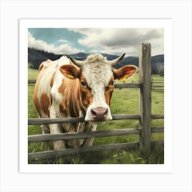 Cow Behind The Fence Art Print