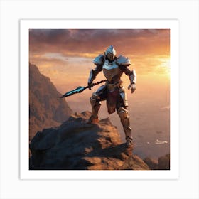 Warrior Standing On Top Of A Mountain 3 Art Print