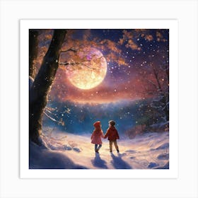 Two children under the moonlight Art Print