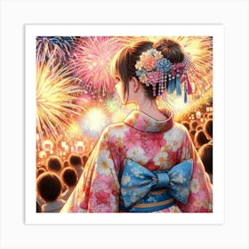 Japanese girl and fireworks 3 Art Print