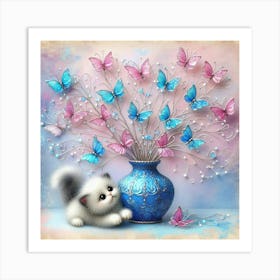 Cat In A Blue Vase With Butterflies Art Print