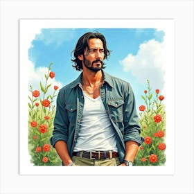 Watercolor Portrait Of Keanu Reeves In A Garden With A Clear Blue Sky Art Print