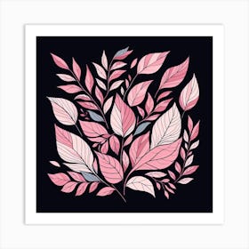 Pink Leaves On Black Background 5 Art Print