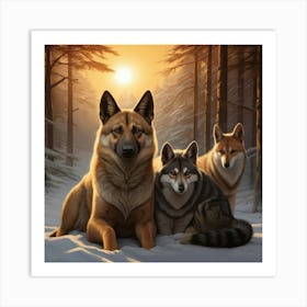 Three German Shepherds In The Snow Art Print