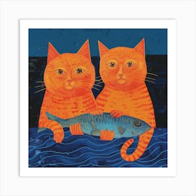 Orange Cats With Fish Art Print