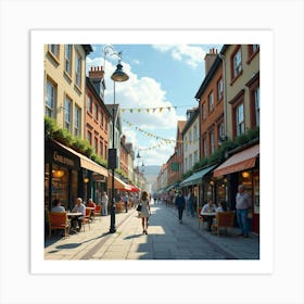 A Bustling English High Street With Shops, Cafés, And Pedestrians 1 Art Print