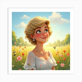 Radiant Princess Diana Smiling In Front Of A Beautiful Watercolor Meadow Scene Art Print