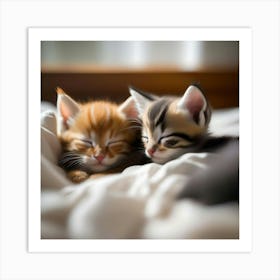 Kittens Sleeping On A Bed Art Print Art Print