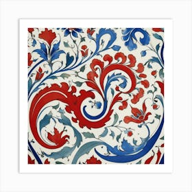 Red Blue And White Swirls Iznik Turkish Pattern Flora 2 Art Print