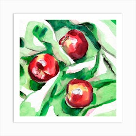 Peaches On Green Cloth Watercolor And Ink Painting Art Print