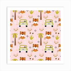 Cute Tiger Car Safari Seamless Pattern Art Print