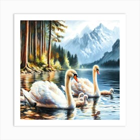 Swan Family in Mountain Lake Color Painting - Wild Bird Artwork 139 Art Print