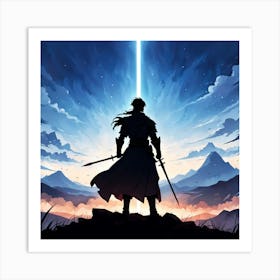 Shadow Of The Colossus, A Silhouette Of A Warrior Standing Tall On A Battlefield With A Serene Background Signifying Inner Art Print