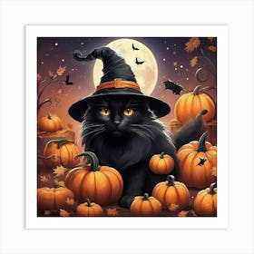 Halloween Black Cat With Pumpkins Art Print