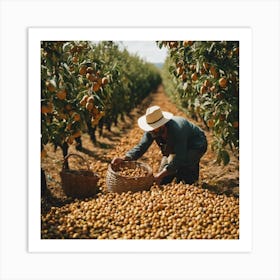 Man Picking Peaches In An Orchard Art Print