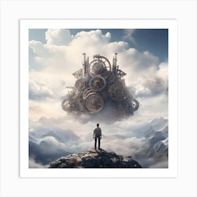 Man Standing On Top Of Cloud In The Style Of Vray Tr  Art Print