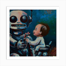 Oil Painting Of Robot Raising A Kid Art Print