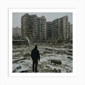 Man Walks Through The Rubble Of An Apartment Building Art Print