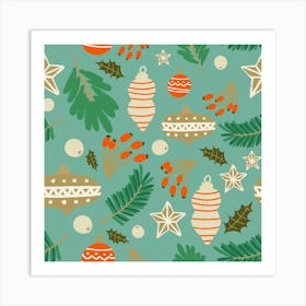 Christmas Baubles And Winter Foliage Light Blue Art Print