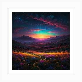 Landscape With Flowers At Night Art Print