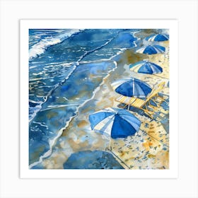 Blue Umbrellas On The Beach Art Print