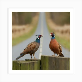 Pheasants On A Wooden Post Art Print