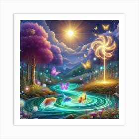 Stream With Bioluminescent Fish Butterflies Sun Spinning Wind Tree 6 Art Print