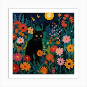 Black Cat At Night With Flowers  Art Print