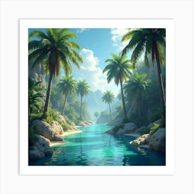 An Enchanted Oasis With Palm Trees And Clear Blue Water 1 Art Print