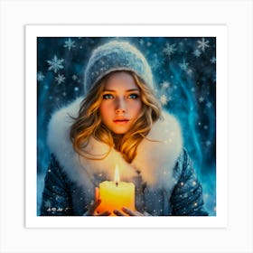 Cute Beauty In A Snow Winter Atmpospehre Holding A Candle Coloruful Painting Art Art Print