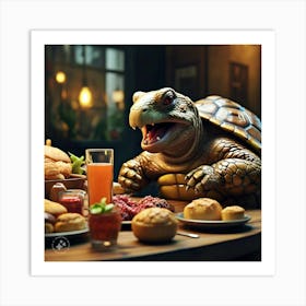 Tortoise Eating Greedily All The Delicious Food And Drinks Art Print