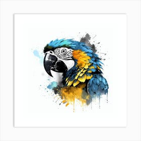 Blue And Yellow Macaw With Ink Splash Effect Art Print