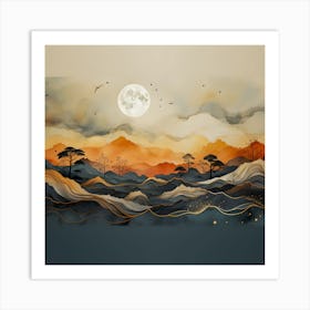 Elegant Abstract Landscape Wall Art - Golden Sunrise Over Mountains | Modern Minimalist Decor for Living Room Affiche